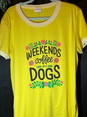 LuLaRoe Bright Yellow Graphic Ringer Tee “weekends coffee and dogs” XL